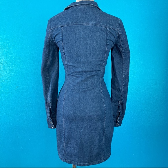 Fitted Denim Mini Dress w/ Long Sleeves in Dark Wash Blue Jean Size 2 XS - Picture 5 of 9